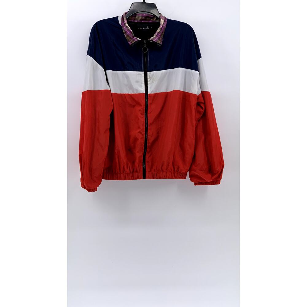 STORY OF LOLA Women's Blue-Red-White Striped Zip-Up Windbreaker Jacket SZ ML